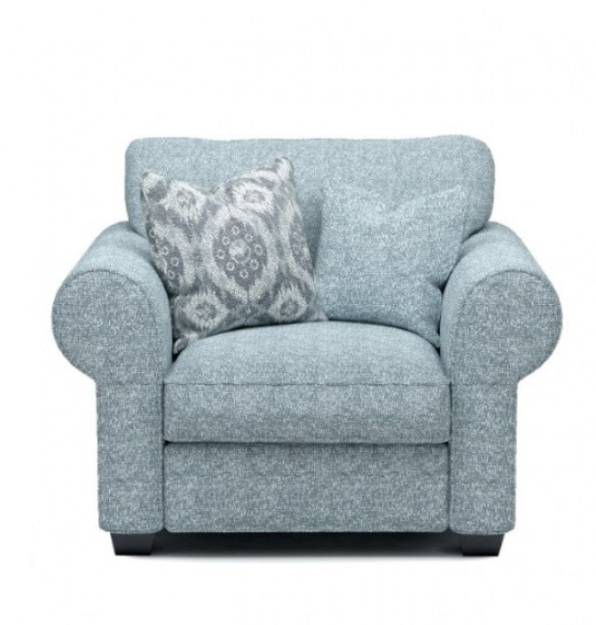 Kumar Rolled Arm Teal Fabric Accent Chair Blue patterned sofa with matching ottoman in a living room setting.