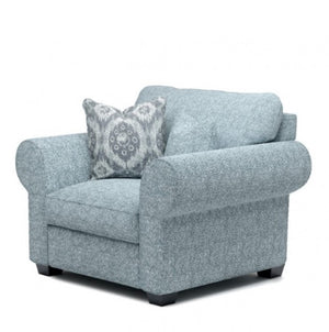 Kumar Rolled Arm Teal Fabric Accent Chair Light blue armchair with a patterned pillow on a white background