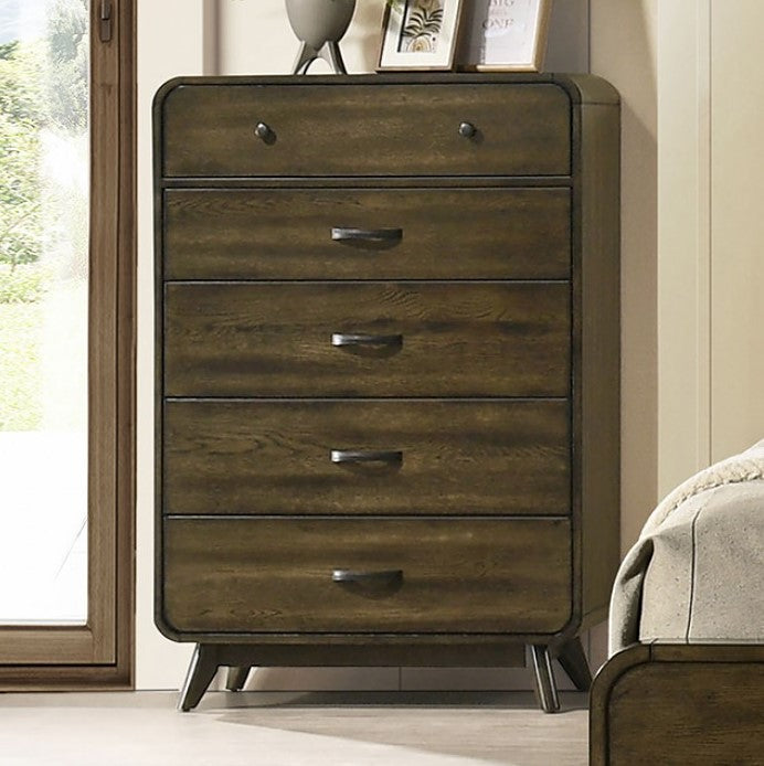 Haskell Mid Century Modern Chest Wooden dresser with four drawers in a bedroom setting