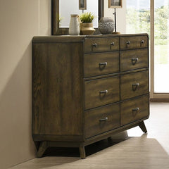 Haskell Mid Century Modern Dresser Wooden dresser with multiple drawers in a room with a window and plants.