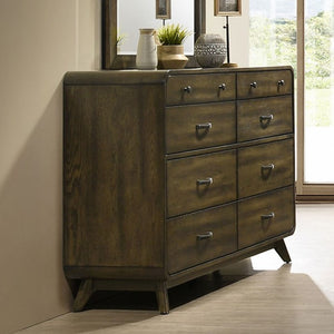 Haskell Mid Century Modern Dresser Wooden dresser with multiple drawers in a room with a window and plants.