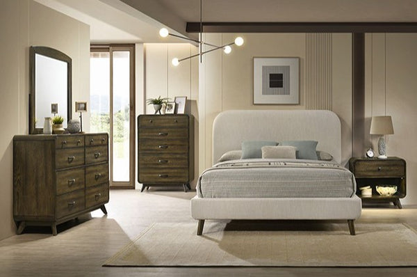 Haskell Mid Century Modern Fully Upholstered Bed Modern bedroom with a bed, dressers, and lamps in a well-lit room.