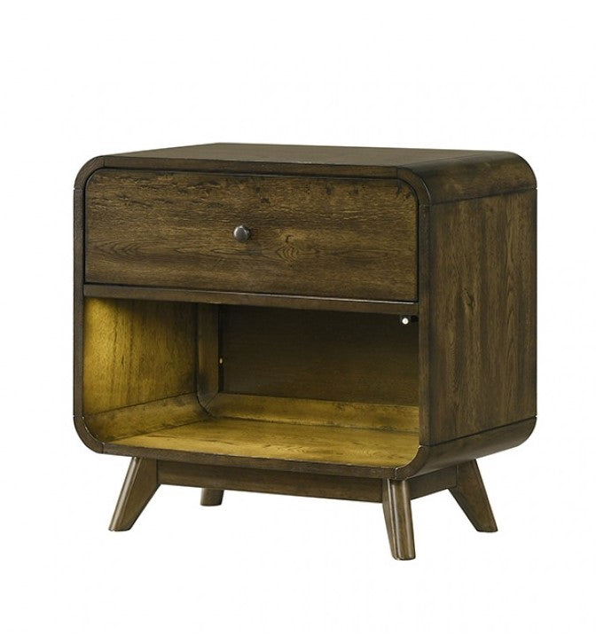 Haskell Mid Century Modern LED Nightstand Wooden nightstand with a single drawer on a white background