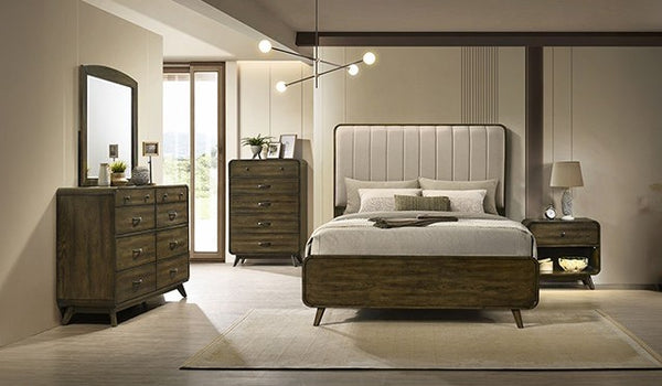 Modern bedroom with wooden furniture including a bed, dresser, and nightstands.