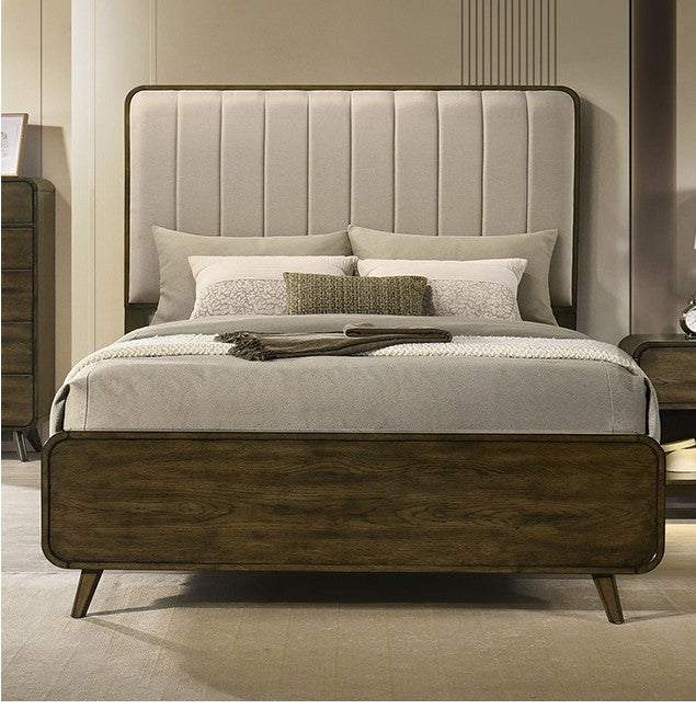 Haskell Mid Century Modern Upholstered Bed Modern bedroom with a wooden bed and upholstered headboard.