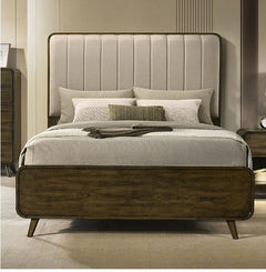 Haskell Mid Century Modern Upholstered Bed Modern bedroom with a wooden bed and upholstered headboard.