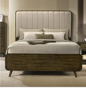 Haskell Mid Century Modern Upholstered Bed Modern bedroom with a wooden bed and upholstered headboard.