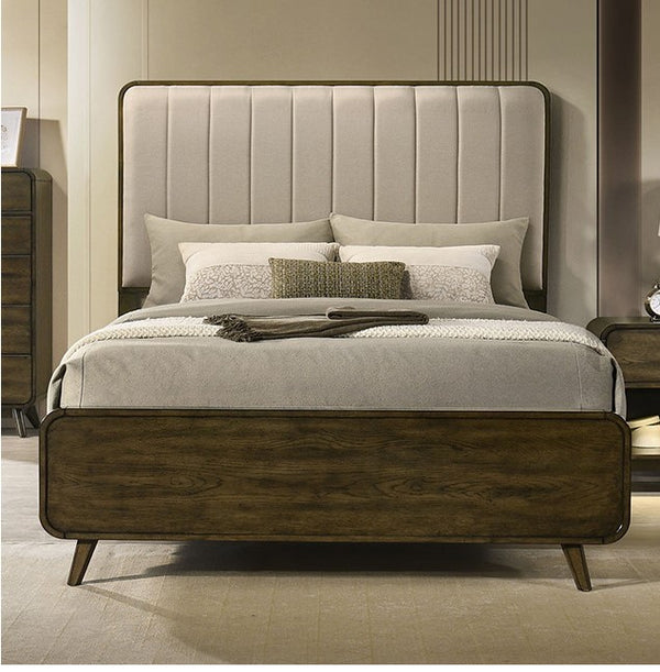 Haskell Mid Century Modern Upholstered Bed Modern bedroom with a wooden bed and upholstered headboard.