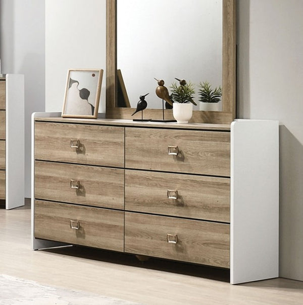 Hazell Two Tone Dresser Wooden dresser with four drawers and a mirror above it in a room setting.
