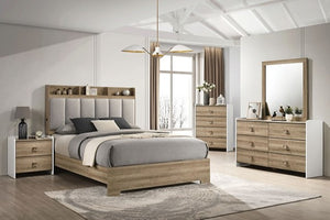 Hazell Two Tone Fabric Channeled Bed Modern bedroom set with bed, dresser, and nightstands in a well-lit room.
