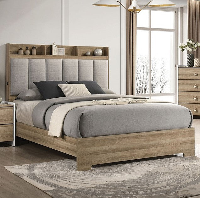 Hazell Two Tone Fabric Channeled Bed Wooden bed with upholstered headboard in a bedroom setting