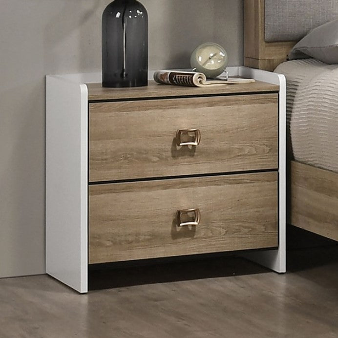 Hazell Two Tone Nightstand Wooden nightstand with two drawers next to a bed in a bedroom setting.