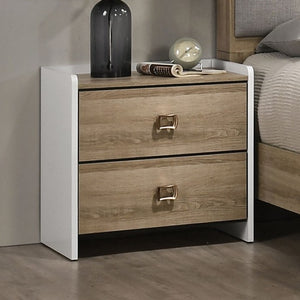 Hazell Two Tone Nightstand Wooden nightstand with two drawers next to a bed in a bedroom setting.