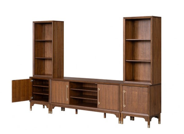 Hermin Modern Entertainment Center TV Set Wooden entertainment center with bookshelves and cabinets on a white background