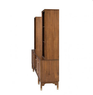 Hermin Modern Entertainment Center TV Set Wooden entertainment console with open cabinet on a white background