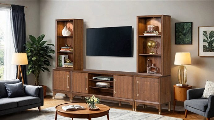 Hermin Modern Entertainment Center TV Set Wooden entertainment center with shelves and a TV in a living room setting.