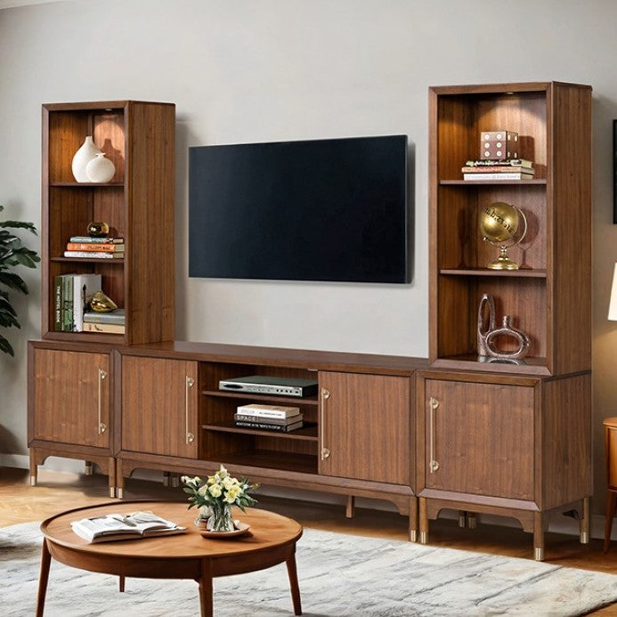 Hermin Modern Entertainment Center TV Set Wooden entertainment center with shelves and a TV in a living room setting.