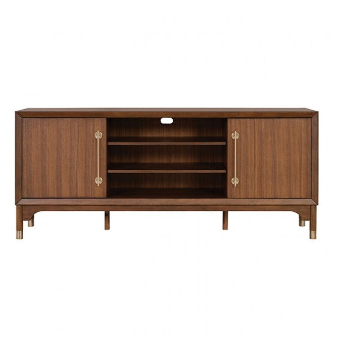 Hermin Modern Entertainment Center TV Stand Wooden TV stand with electronic devices and books underneath a mounted television.