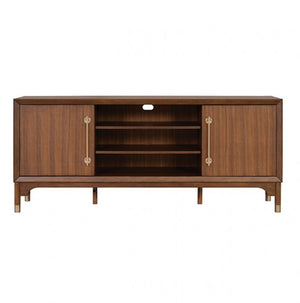 Hermin Modern Entertainment Center TV Stand Wooden entertainment console with doors and shelves on a white background