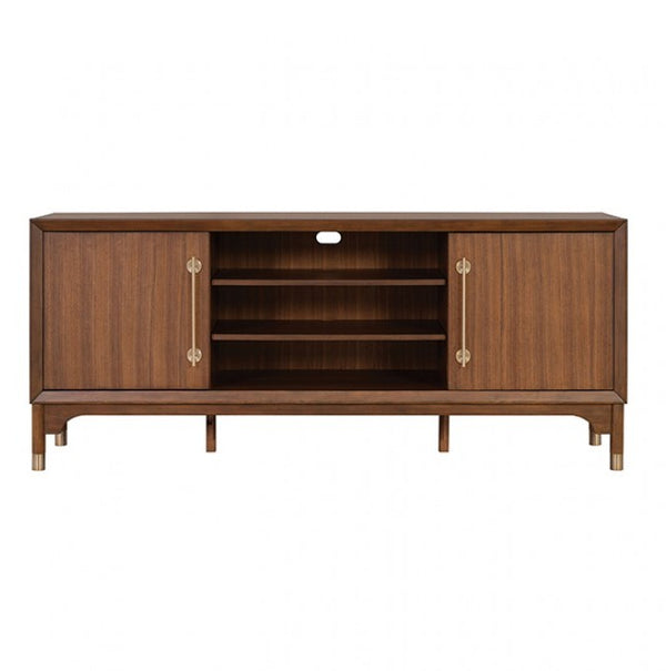 Hermin Modern Entertainment Center TV Stand Wooden entertainment console with doors and shelves on a white background