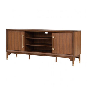 Hermin Modern Entertainment Center TV Stand Wooden entertainment console with open shelves on a white background