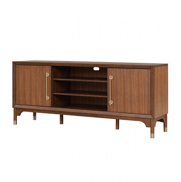 Hermin Modern Entertainment Center TV Stand Wooden entertainment console with open shelves on a white background