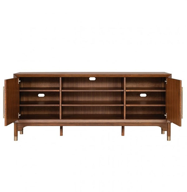 Hermin Modern Entertainment Center TV Stand Wooden sideboard with open doors on a white background