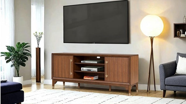 Hermin Modern Entertainment Center TV Stand Wooden TV stand with a television mounted on the wall in a living room setting.