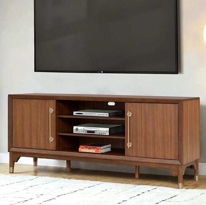 Hermin Modern Entertainment Center TV Stand Wooden TV stand with electronic devices and books underneath a mounted television.