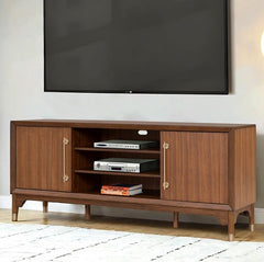 Hermin Modern Entertainment Center TV Stand Wooden TV stand with electronic devices and books underneath a mounted television.