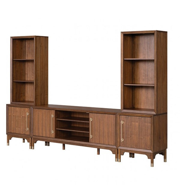  Wooden entertainment center with bookshelves on a white background