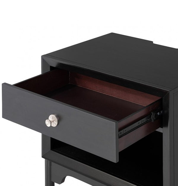 Hermin Modern Style Nightstand Black Black nightstand with open drawer on a white background