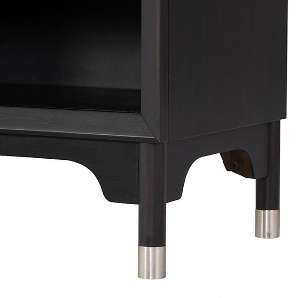 Hermin Modern Style Nightstand Black Close-up of a black cabinet with silver cylindrical feet on a white background