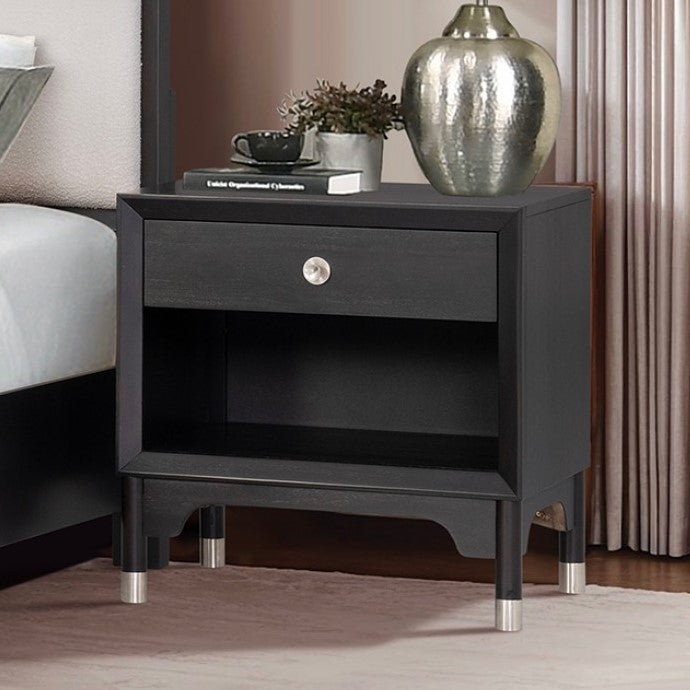Hermin Modern Style Nightstand Black Black nightstand with a drawer and decorative items in a bedroom setting