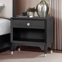 Hermin Modern Style Nightstand Black Black nightstand with a drawer and decorative items in a bedroom setting