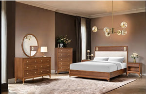Hermin Modern Style LED Reading Lights Upholstered Bed Wooden bedroom furniture set with bed, dresser, and side tables in a room.