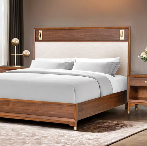 Hermin Modern Style LED Reading Lights Upholstered Bed Wooden bed with white bedding in a bedroom setting