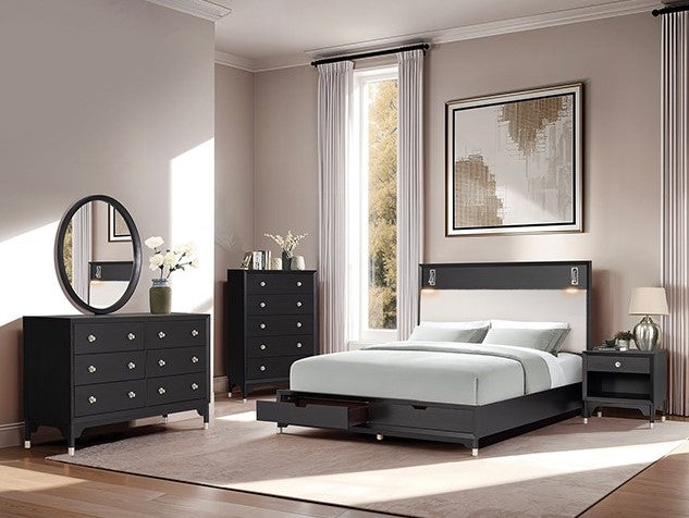 Hermin Modern Style Nightstand Black Black nightstand with a drawer and decorative items in a bedroom setting