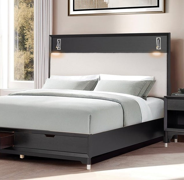 Hermin Modern Style LED Reading Lights Upholstered Bed Black Modern bedroom with a black bed frame and white bedding.