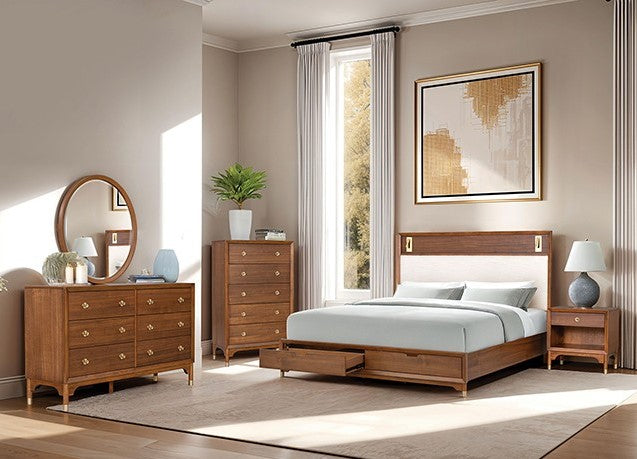 Hermin Modern Style Walnut Dresser Wooden dresser with round mirror and lamp in a room setting