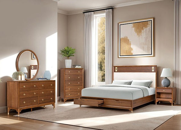 Hermin Modern Style LED Reading Lights Upholstered Bed Set Wooden bedroom furniture set with bed, dresser, and mirror in a well-lit room.