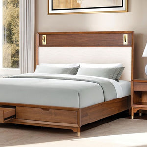 Wooden bed with white bedding in a bedroom setting