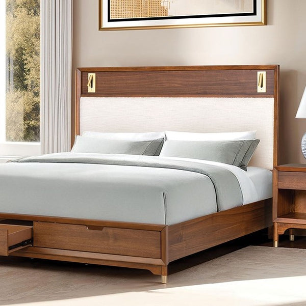 Wooden bed with white bedding in a bedroom setting