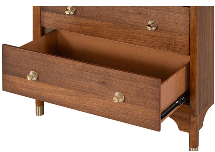 Hermin Modern Style Walnut Chest Wooden dresser with gold knobs in a bedroom setting
