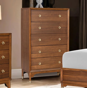 Hermin Modern Style Walnut Chest Wooden dresser with gold knobs in a bedroom setting