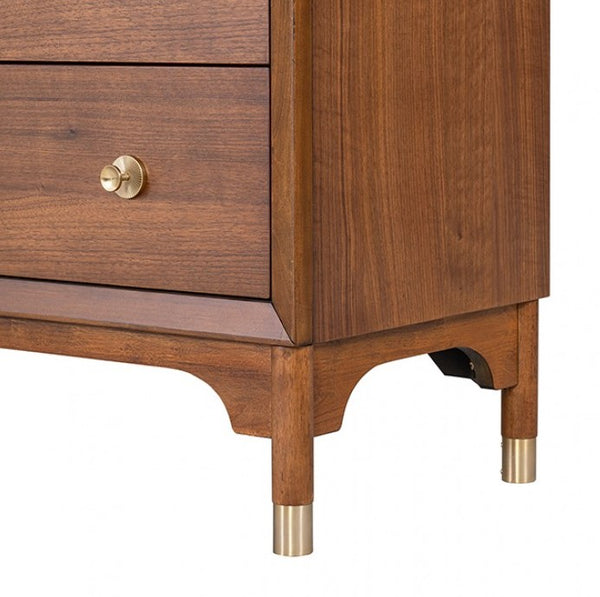 Hermin Modern Style Walnut Dresser Wooden dresser with brass knobs and feet on a white background