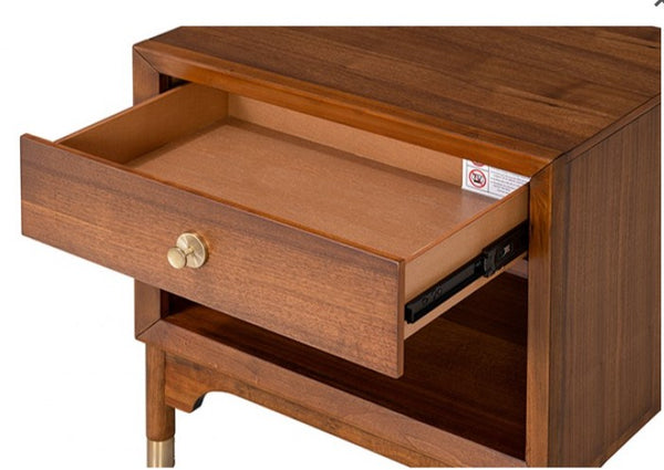 Hermin Modern Style Walnut Nightstand Wooden side table with open drawer on a white background