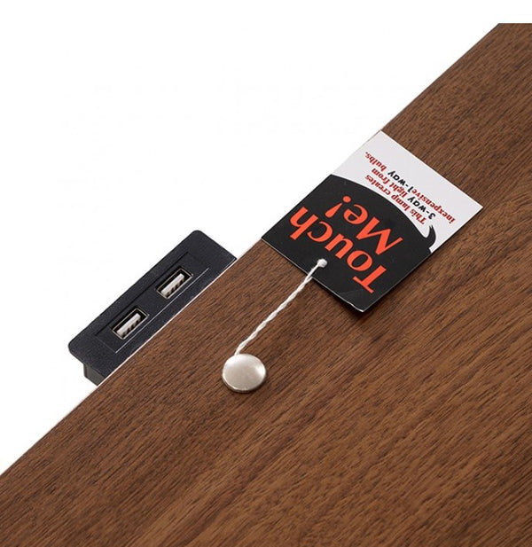 Hermin Modern Style Walnut Nightstand USB port on a wooden surface with a 'Touch Me!' tag attached.