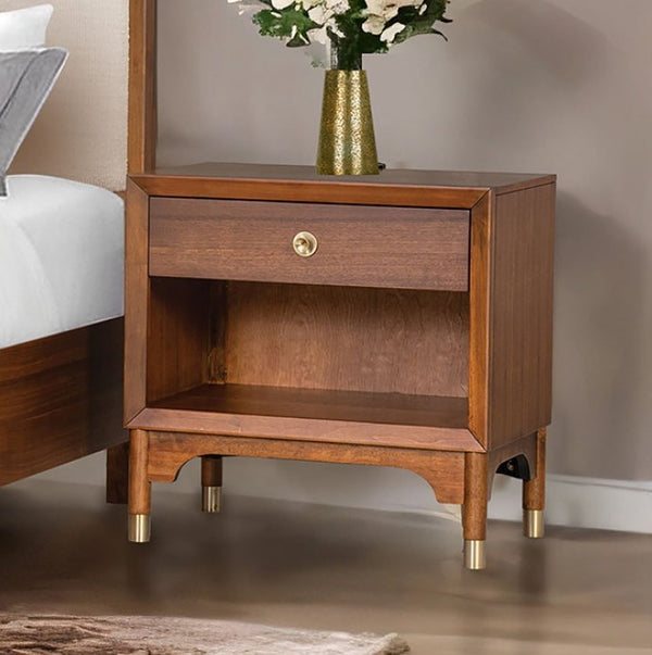 Hermin Modern Style Walnut Nightstand Wooden nightstand with a drawer and shelf, featuring a vase with flowers on top, in a bedroom setting.