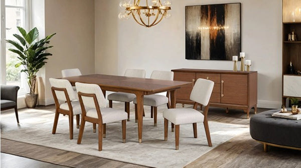 Hermin Modern Walnut Dining Table Set Dining room with wooden table and chairs, sideboard, and decorative elements.